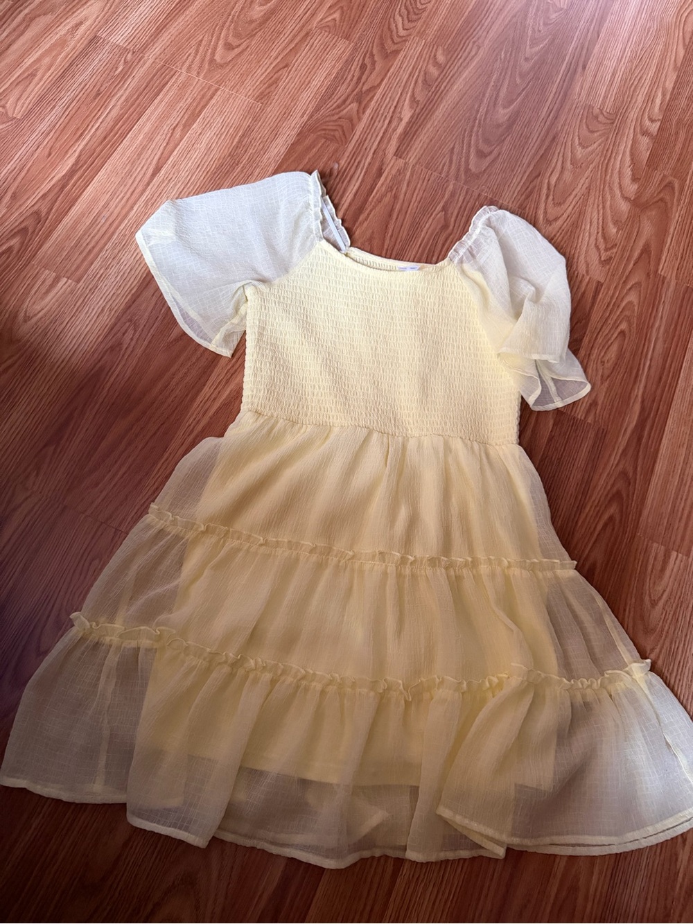 art class Pale Yellow Ruffled Tiered Dress with Puff Sleeves